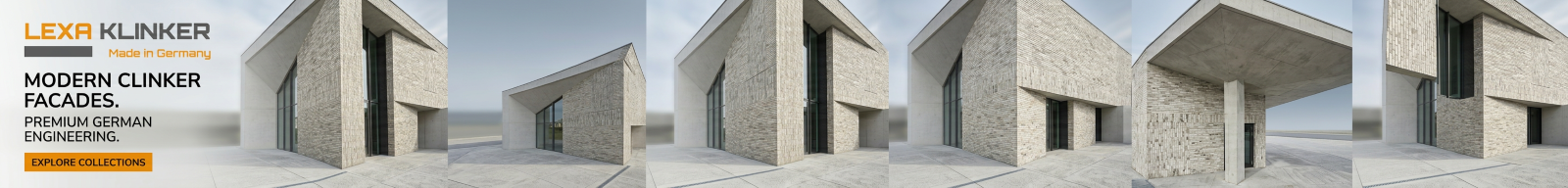 Collage of modern beige clinker facade designs promoting Lexa Klinker premium German engineering.