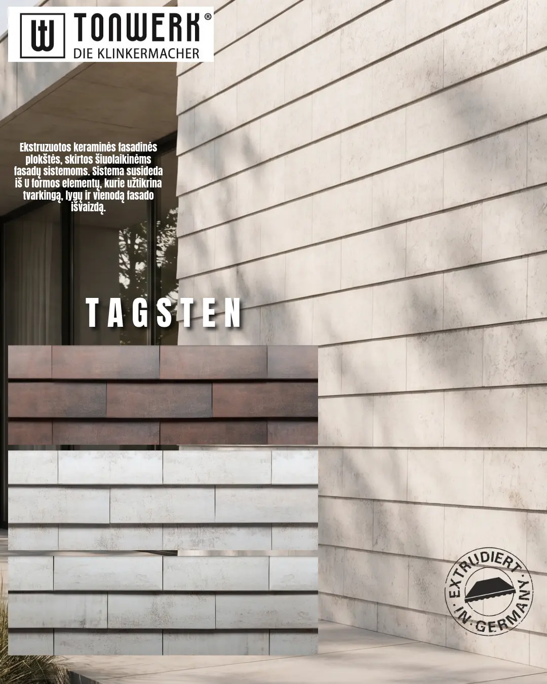 Modern exterior wall composed of horizontal stacked stone tiles; TONWERK logo top-left and bold 'TAGSTEN' text across the facade, with a round stamp at bottom-right reading 'EXTRUDIERT IN GERMANY'.