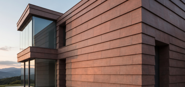Tagsten_Dalarna_web - Klinker Made in Germany Modern red-brown brick-clad building with large glass windows overlooking a hillside at sunset-like light.