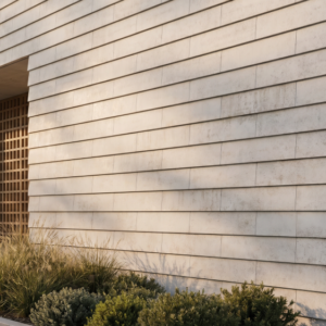 Tagsten_Lappland_web - Klinker Made in Germany Modern stone building with horizontal cladding and a recessed entrance featuring a wooden lattice screen, plus landscaped grasses in front.