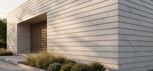 Tagsten_Lappland_web - Klinker Made in Germany Modern stone building with horizontal cladding and a recessed entrance featuring a wooden lattice screen, plus landscaped grasses in front.
