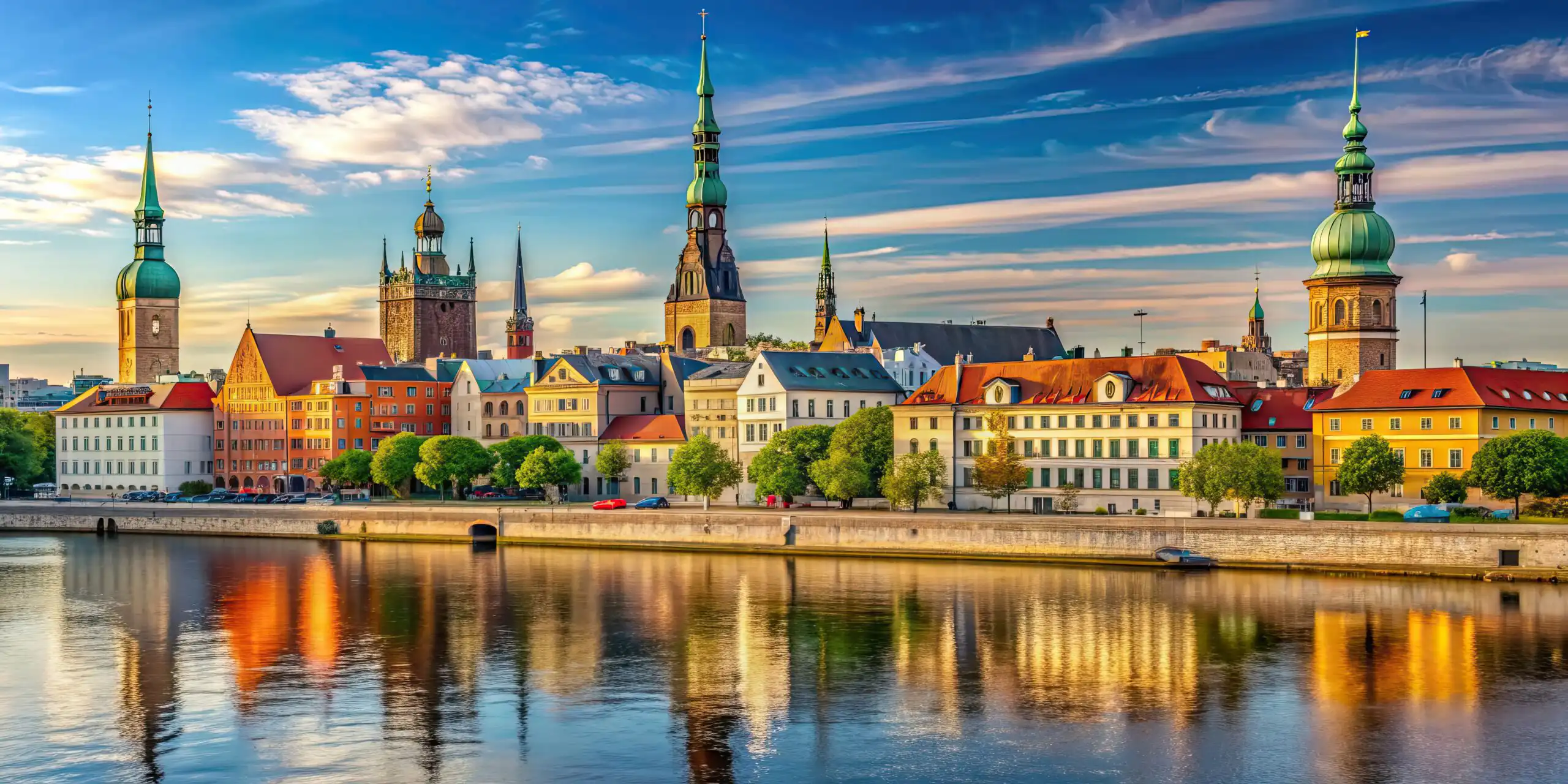Historic riverside cityscape with colorful facades, church towers with green domes, and their reflections on calm water.